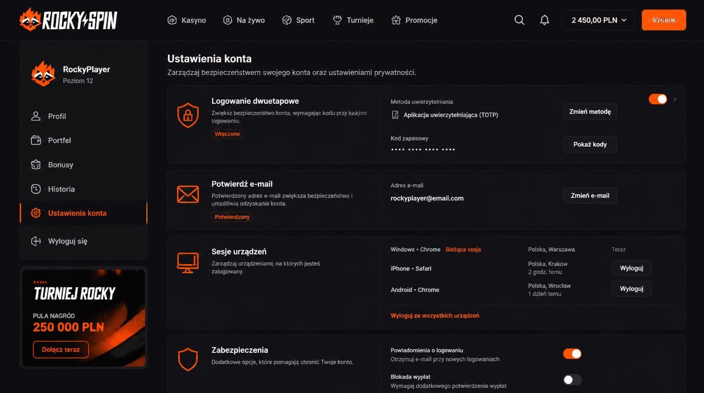 panel bezpieczeństwa i zabezpieczenia konta
