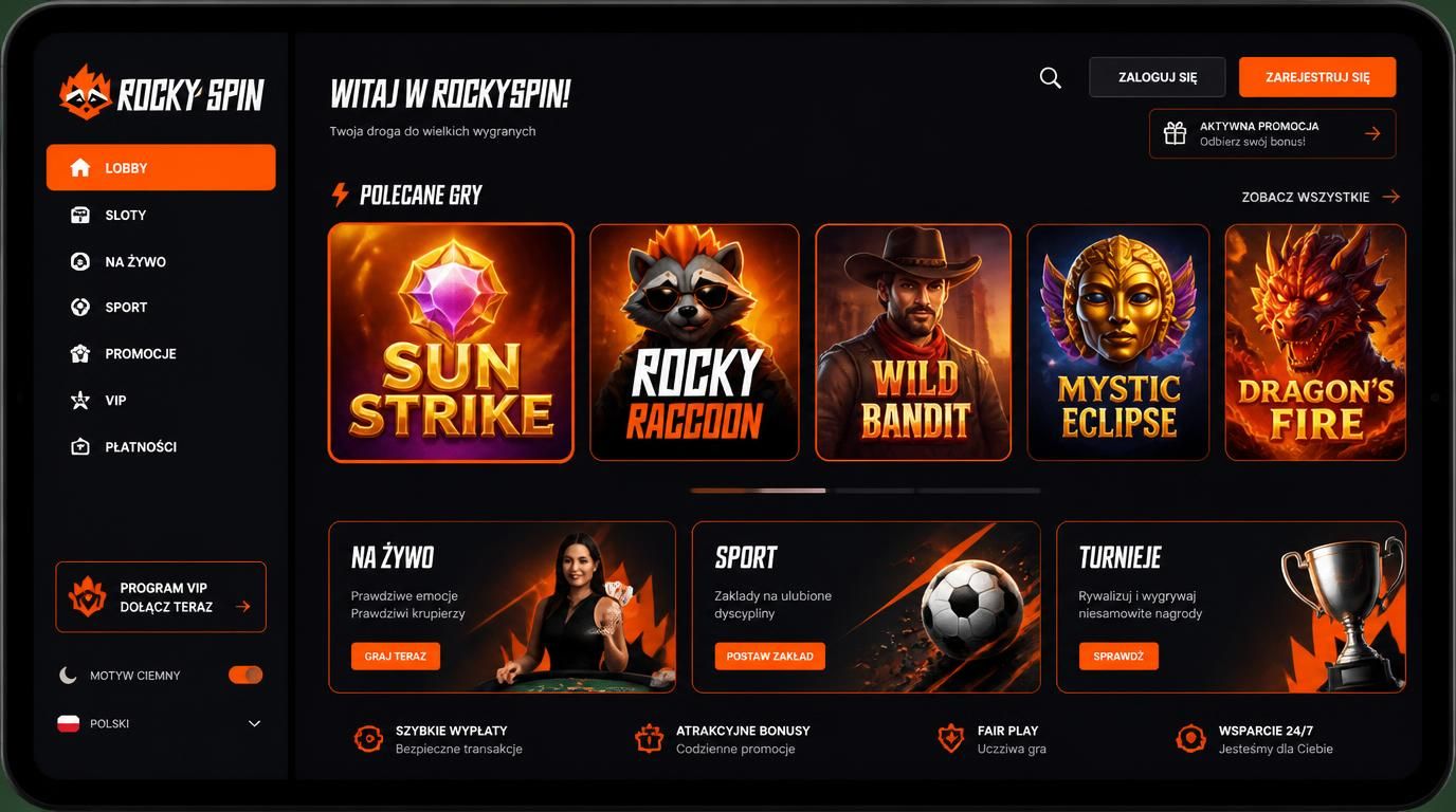 Interfejs Rocky Spin na dużym tablecie z czytelnym menu