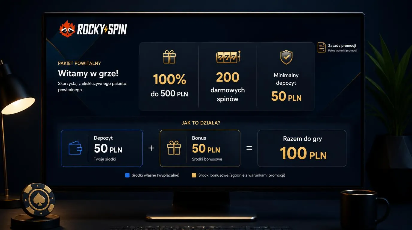 Panel bonusu powitalnego z premią 100% do 500 PLN, 200 darmowymi spinami i minimalnym depozytem 50 PLN