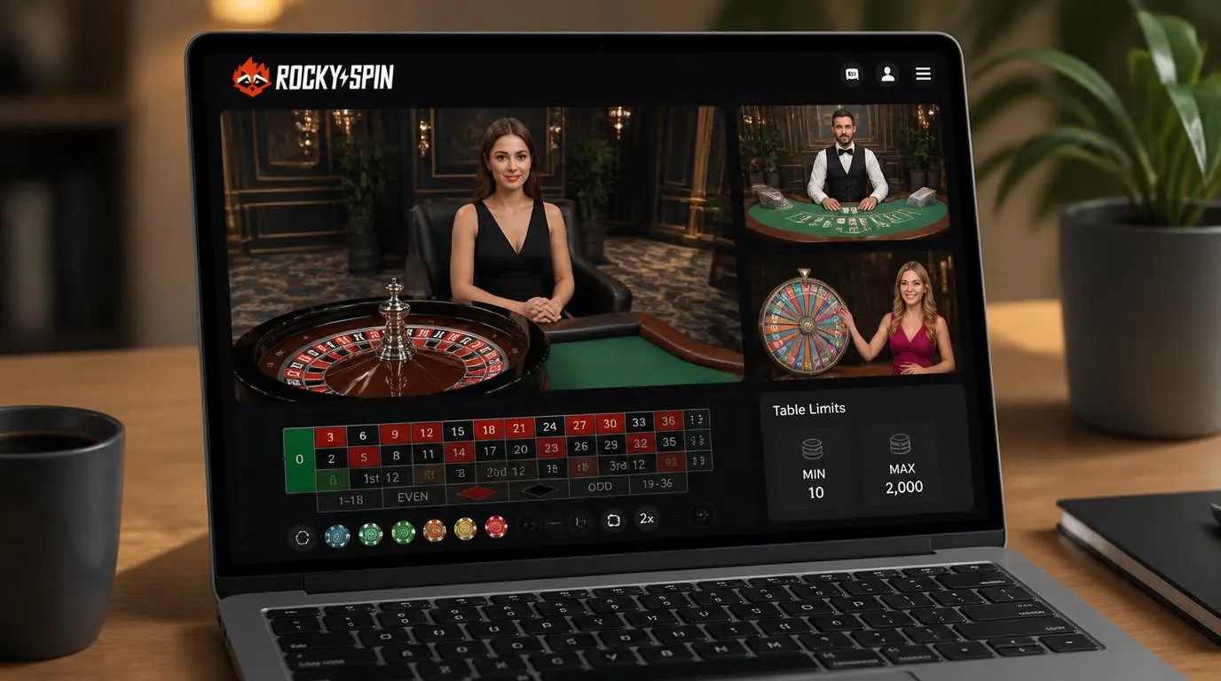 Krupier przy stole ruletki na ekranie laptopa z czytelnym panelem zakładów i podglądem studia live