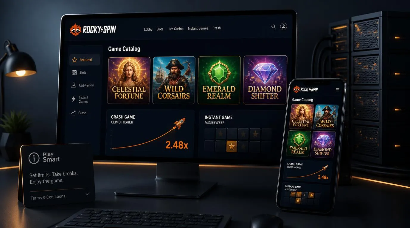 Nowoczesny katalog gier kasynowych na monitorze i telefonie, z kafelkami automatów oraz gry typu crash