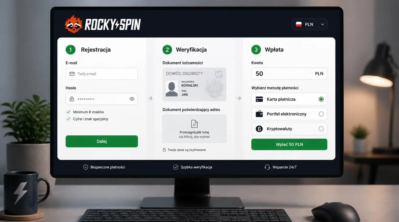Panel rejestracji, przesyłania dokumentów KYC i pierwszej wpłaty w PLN na koncie kasyna