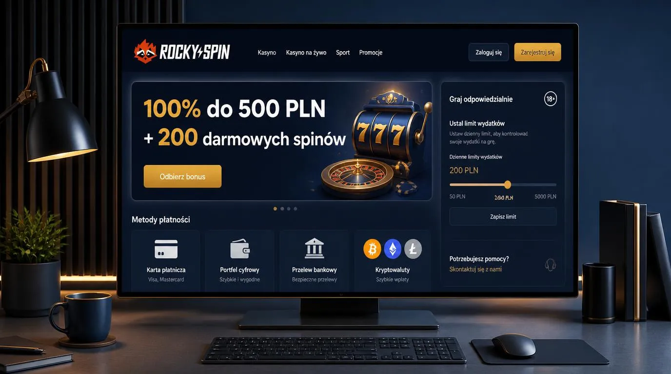 Ekran oferty kasynowej z pakietem powitalnym, metodami płatności i ustawieniem limitu wydatków